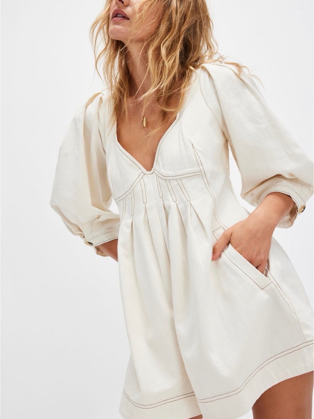 Free People Cream V-Neck Romper with Puff Sleeves
